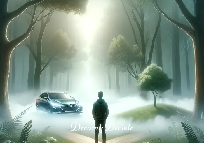 spiritual meaning of a new car in a dream _ A serene dreamscape showing a person (unidentifiable gender and race) standing at a crossroads in a misty forest, gazing at a shiny, new car appearing out of the fog. The car symbolizes a new journey or opportunity, with the forest representing the unknown paths of life.