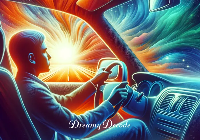 spiritual meaning of a new car in a dream _ A vivid image where the same person from the first scene is now sitting inside the new car, hands on the steering wheel, with a look of contemplation and excitement. The car