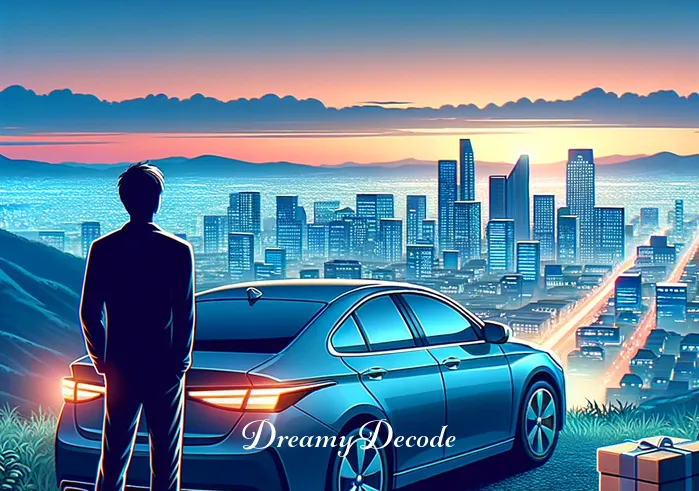 spiritual meaning of a new car in a dream _ A final scene at twilight where the car is parked on a hilltop, overlooking a peaceful cityscape below. The person stands beside the car, looking out towards the city, reflecting on the journey and the broad horizons ahead, symbolizing achieved goals and new aspirations.