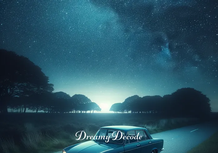 spiritual meaning of a parked car in a dream _ A serene night scene, where a solitary car is parked under a vast, starlit sky. The car, a classic model in a calming shade of blue, sits at the edge of a quiet, tree-lined road. The scene conveys a sense of peaceful solitude and introspection, with the car symbolizing a paused journey or a moment of reflection in a tranquil, natural setting.