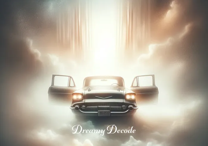 spiritual meaning of a parked car in a dream _ A dreamlike image of the same car, now surrounded by a soft, ethereal mist. The car