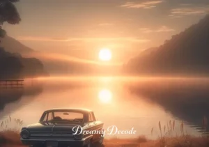 spiritual meaning of a parked car in a dream _ The final scene shows the car, now with its journey completed, parked beside a tranquil lake at sunrise. The early morning light reflects off the water, creating a serene and hopeful atmosphere. This image represents the end of a spiritual journey or the awakening from a dream, with the car's stationary position symbolizing a newfound sense of peace and understanding gained from the journey.