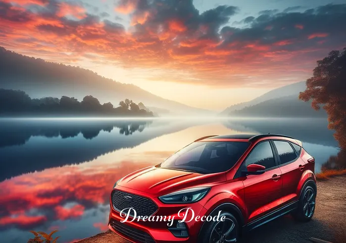 spiritual meaning of a red car in a dream _ A bright red car parked at the edge of a serene lake, reflecting the early morning sky. The car