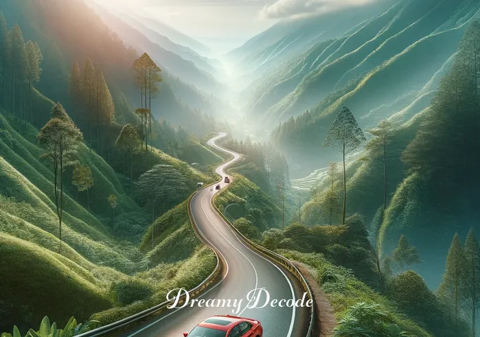 spiritual meaning of a red car in a dream _ The same red car now driving along a winding mountain road, surrounded by lush greenery. The journey continues, representing progress and the pursuit of deeper understanding in the spiritual realm.