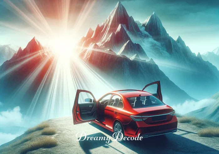spiritual meaning of a red car in a dream _ The red car reaches the summit of the mountain, doors open, with no driver inside. The scene captures a moment of enlightenment and self-discovery, echoing the dream