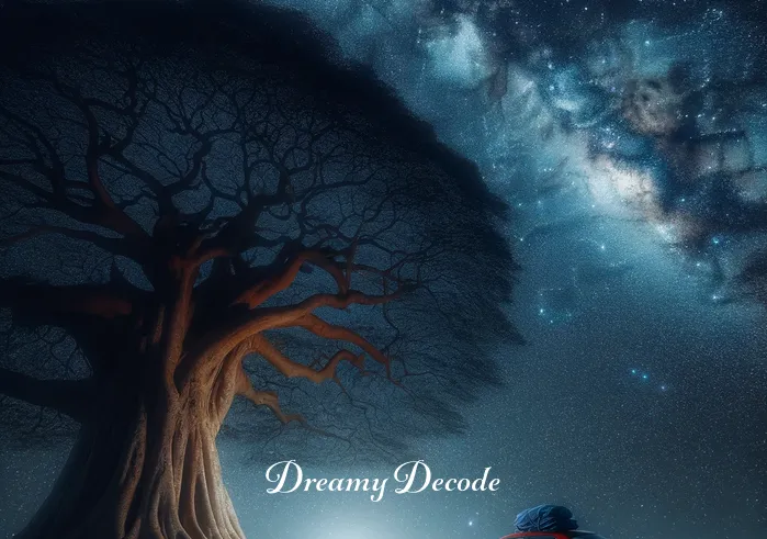 spiritual meaning of a red car in a dream _ The final image shows the red car under a starlit sky, parked beside an ancient tree. It symbolizes the end of the spiritual journey, with a sense of peace, knowledge, and connection to the universe.