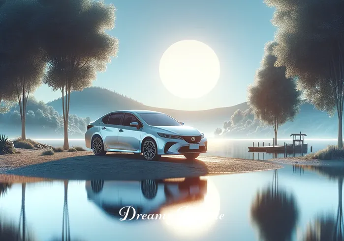 spiritual meaning of a white car in a dream _ A serene scene with a shiny white car parked by a tranquil lake under a clear blue sky, reflecting a sense of calm and purity in the dream.