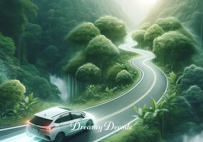 spiritual meaning of a white car in a dream _ A dream vision where the white car starts moving smoothly along a winding road surrounded by lush greenery, symbolizing progress and a journey towards clarity.