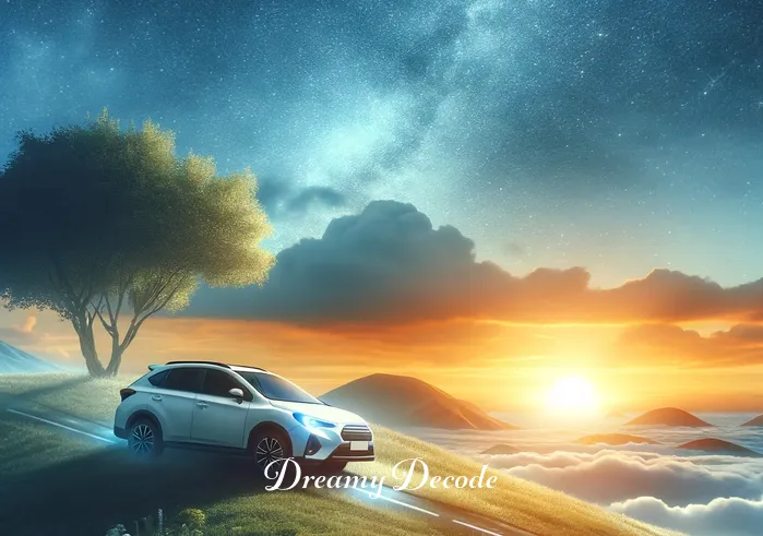 spiritual meaning of a white car in a dream _ The white car in the dream ascending a hill against a backdrop of a beautiful sunrise, representing overcoming challenges and a new beginning.