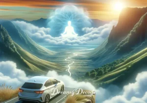 spiritual meaning of a white car in a dream _ In the dream, the white car reaches the peak of the hill, overlooking a panoramic view of a peaceful valley, symbolizing attainment of spiritual insight and tranquility.