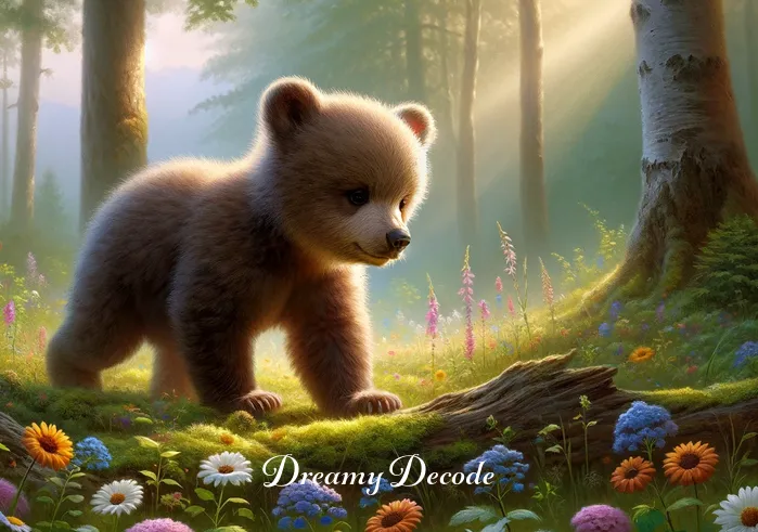 baby bear in dream meaning _ A dreamer standing in a serene forest, gazing at a playful baby bear cub exploring its surroundings. The cub