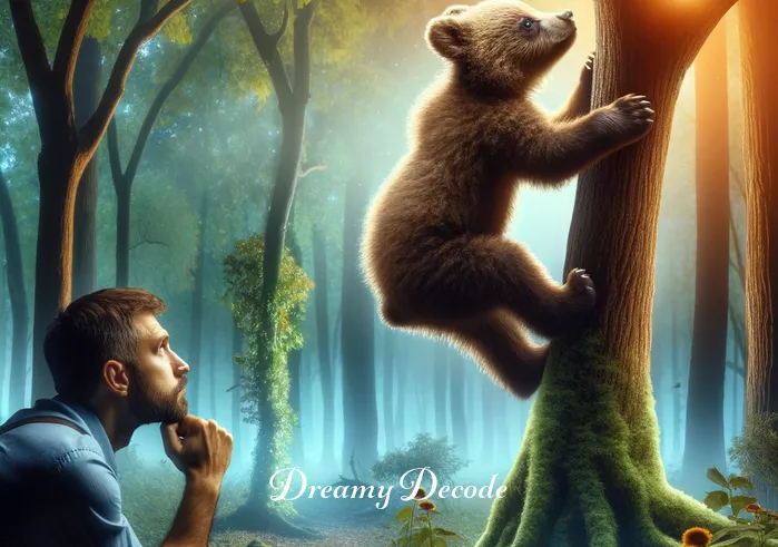 baby bear in dream meaning _ The dreamer, looking contemplative, observes the baby bear learning to climb a tree. The scene symbolizes growth, learning, and overcoming challenges in the dreamer