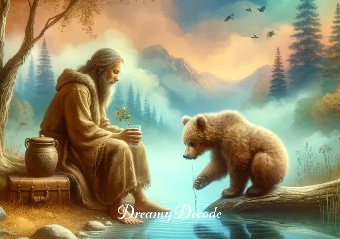 baby bear in dream meaning _ The dream concludes with the dreamer and the baby bear sitting peacefully by a tranquil river. The bear cub is calmly drinking water, representing nourishment, emotional balance, and tranquility in the dreamer's journey.