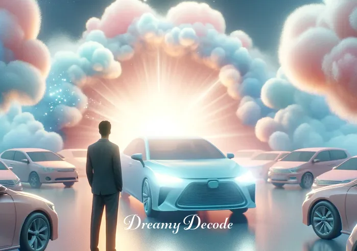 spiritual meaning of buying a car in a dream _ A person standing in a peaceful, dreamlike car dealership, surrounded by soft clouds and pastel-colored cars. The atmosphere is serene, and the person, with a contemplative expression, gazes at a glowing, ethereal car that seems to radiate a soft light, symbolizing the beginning of a spiritual journey.