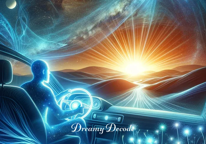 spiritual meaning of buying a car in a dream _ The same person now sits inside the glowing car, holding the steering wheel with a look of wonder. The car