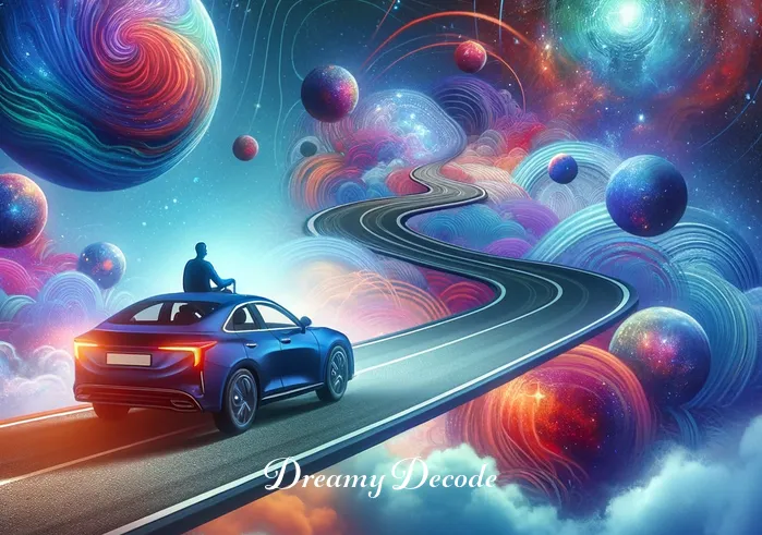 spiritual meaning of buying a car in a dream _ The scene transitions to the car moving smoothly along a road that seems to be floating in the sky. The person is driving with confidence, and the surroundings are filled with vibrant, otherworldly colors and shapes, representing the person
