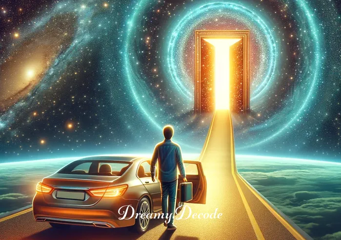 spiritual meaning of buying a car in a dream _ Finally, the car reaches a magnificent, shining portal at the end of the road, suspended in a starry void. The person steps out of the car, looking back at it with gratitude before moving towards the portal, symbolizing the culmination of their spiritual journey and the attainment of deeper understanding and peace.
