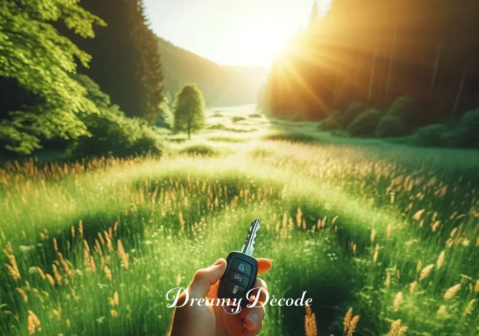 spiritual meaning of car keys in a dream _ A person standing in a serene, sunlit meadow, looking at a set of car keys in their hand. The keys are glinting in the sunlight, symbolizing a new beginning or journey. The meadow is lush and vibrant, indicating a sense of peace and connection with nature.