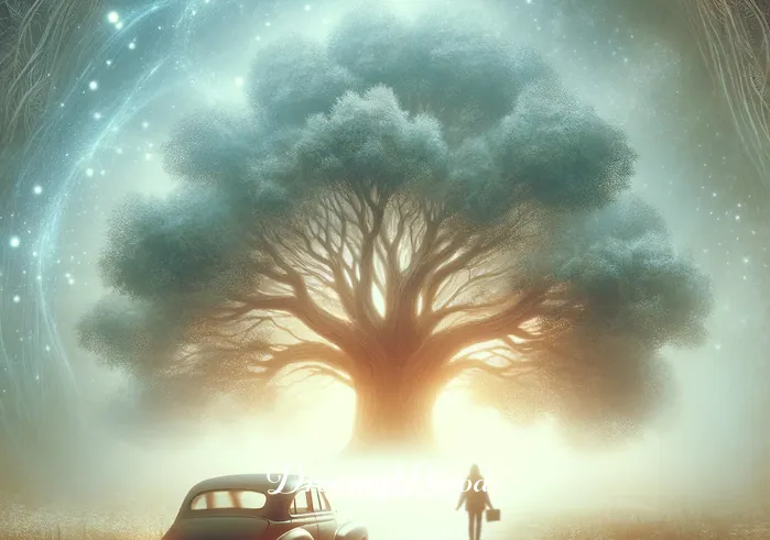 spiritual meaning of car keys in a dream _ A dreamlike image of the person walking towards a car parked under a large, ancient tree. The car and the tree are enveloped in a soft, ethereal glow, suggesting a spiritual journey or path. The tree represents wisdom and stability, hinting at guidance in the dreamer