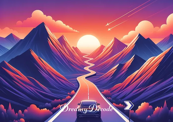 spiritual meaning of car keys in a dream _ The final scene shows the car driving along a picturesque mountain road at sunset. The sky is a canvas of oranges and purples, and the car's journey symbolizes progress and moving forward in life. The mountains in the distance represent challenges, but the clear path ahead suggests confidence and clarity in the dreamer's journey.