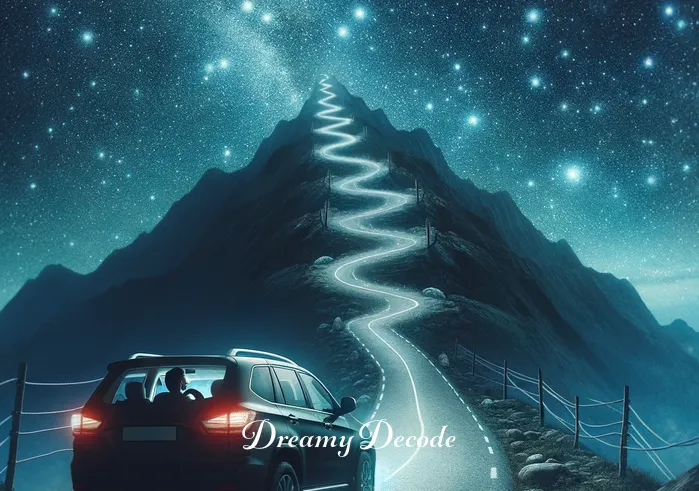spiritual meaning of driving a car in a dream _ A serene, moonlit road stretches into the distance, flanked by softly glowing lanterns. In the foreground, a person sits peacefully in the driver
