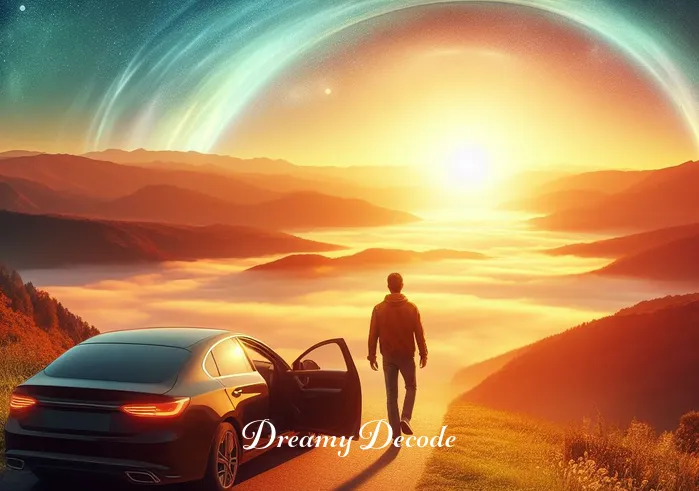 spiritual meaning of driving a car in a dream _ Finally, the car reaches a breathtaking viewpoint overlooking a tranquil valley bathed in sunrise light. The driver steps out, gazing at the horizon with a sense of accomplishment and enlightenment, symbolizing the attainment of spiritual insight or an important realization in the dream.