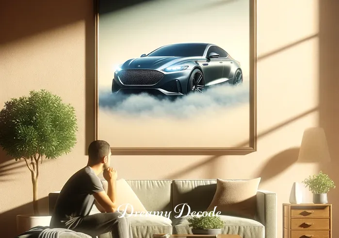 stolen car dream meaning _ A person standing in a peaceful, sunlit room, gazing thoughtfully at a framed picture of a sleek car. The expression on their face suggests deep contemplation or puzzlement, capturing the moment of realization that they have just had a dream about a stolen car. The room