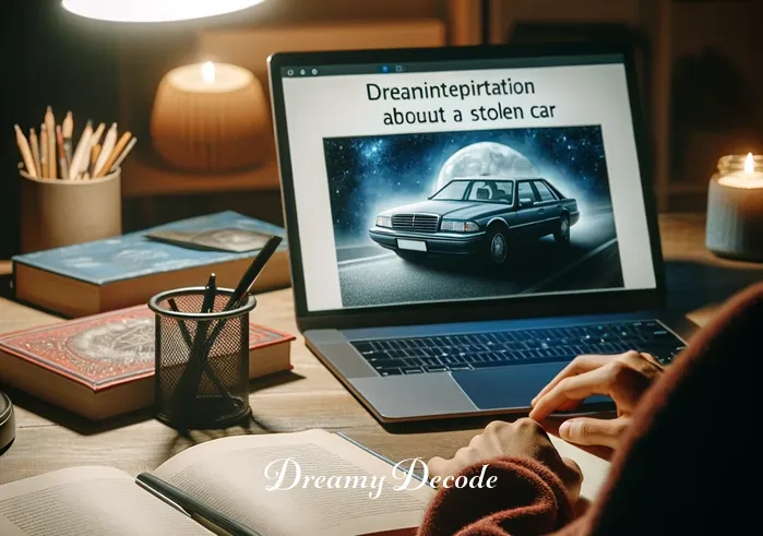 stolen car dream meaning _ The same person now seated at a cozy desk, surrounded by various dream interpretation books and a laptop. They are deeply engaged in researching, typing, and flipping through pages, trying to uncover the meaning of dreaming about a stolen car. The scene is illuminated by a gentle lamp, creating a focused yet soothing ambiance for study.