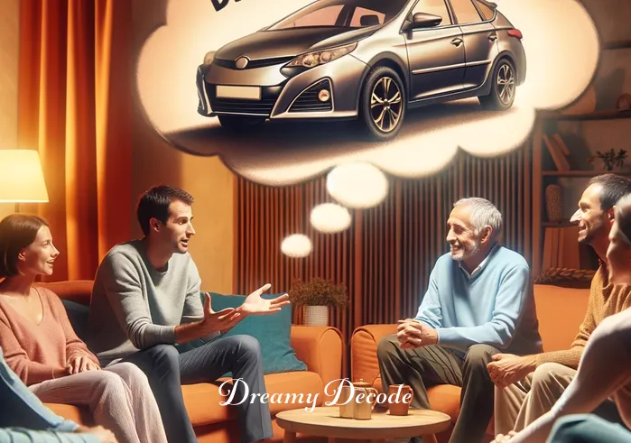 stolen car dream meaning _ The individual is now in a lively discussion with a diverse group of friends or family members in a comfortable living room setting. They are animatedly sharing their dream about the stolen car, with expressions of curiosity and intrigue on everyone