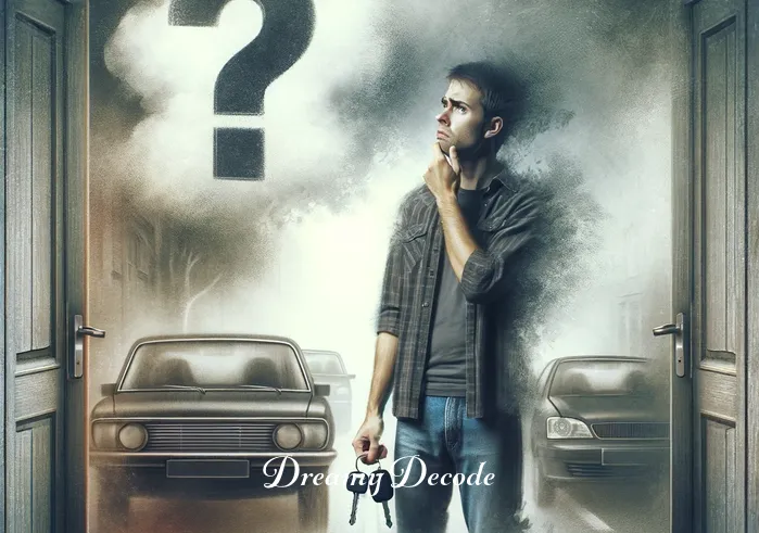 stolen car dream spiritual meaning _ A person standing in front of a closed door, looking perplexed and holding a set of car keys. The dreamlike, surreal background includes a misty street with faded outlines of parked cars. This represents the initial realization of a missing car in the dream, symbolizing a loss of control or direction in one