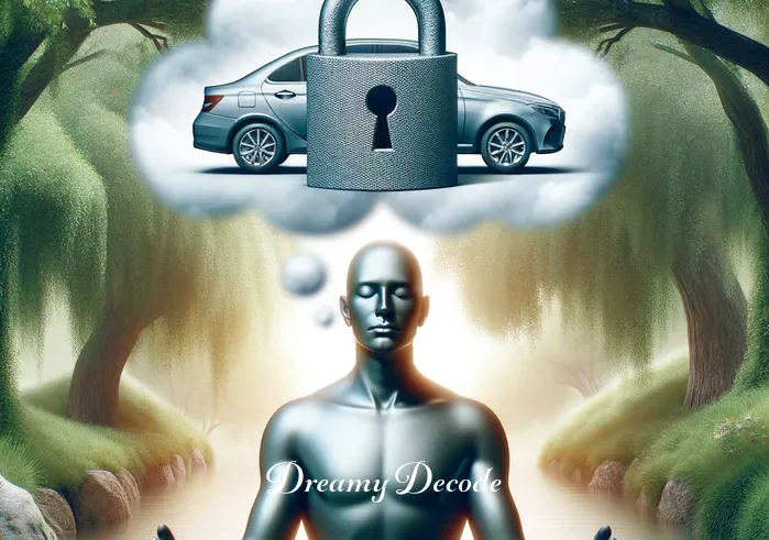 stolen car dream spiritual meaning _ The person is now in a meditative pose in a tranquil garden, eyes closed, with a serene expression. Behind them, a symbolic image of a car and a lock floats in a thought bubble, indicating the process of internal reflection and spiritual analysis of the dream.