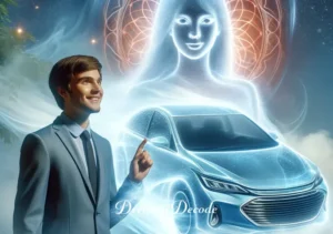 stolen car dream spiritual meaning _ The final image shows the person smiling, standing beside an ethereal, transparent car that's materializing from a cloud of mist. This represents a spiritual resolution and the regaining of control or direction in one's life after interpreting the stolen car dream.