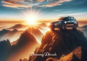 what is the spiritual meaning of a car in a dream _ The dreamer's car reaching the mountain's summit at sunrise, denoting achievement and a new perspective on life's journey.