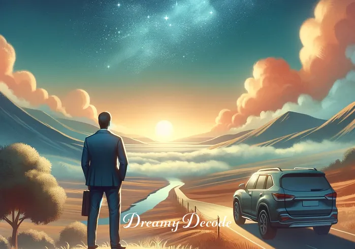 what is the spiritual meaning of driving a car in the dream _ A serene landscape with a clear sky, where a person stands next to a parked car, contemplating the journey ahead. The scene represents the beginning of a dream journey, symbolizing self-reflection and the anticipation of exploring one