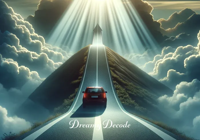 what is the spiritual meaning of driving a car in the dream _ The car ascends a steep hill, with the driver navigating carefully but steadily. Rays of sunlight break through the clouds, illuminating the path ahead. This represents overcoming challenges and the realization of inner strength and resilience in one