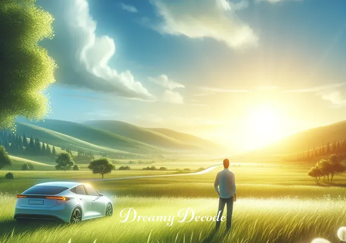 white car dream meaning _ A person standing in a peaceful, sunlit meadow, gazing at a distant white car. The car symbolizes new beginnings and hope, as suggested by the bright, clear sky and the lush greenery surrounding the person.