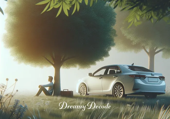 white car dream meaning _ The same white car from the first image now parked under a tree, with the person sitting inside, looking contemplative. The scene signifies a journey of self-discovery and reflection, as the car is stationary, allowing the person to pause and think.
