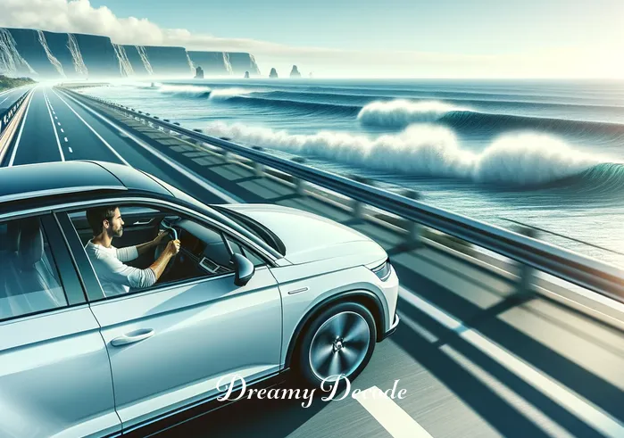 white car dream meaning _ The car now moving along a coastal road, with the person driving and looking focused. The ocean and the horizon in the background symbolize the vast possibilities and freedom associated with the journey in the white car.