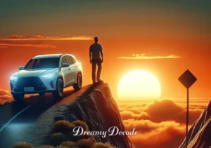 white car dream meaning _ The final image shows the white car reaching a hilltop at sunset. The person stands beside the car, looking at the setting sun, signifying the end of the journey and the achievement of personal insight and understanding.