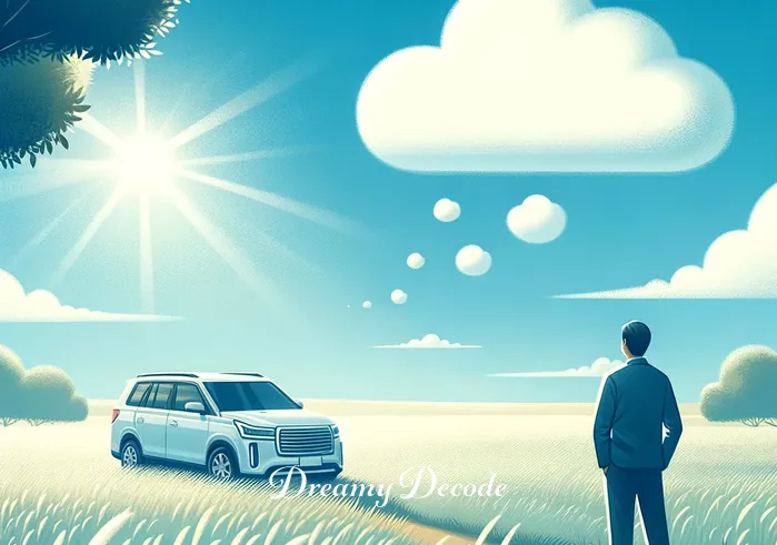 white car in dream meaning _ A person standing in a peaceful meadow under a clear blue sky, looking thoughtfully at a distant white car. The car represents a sense of freedom and possibility, hinting at the beginning of a journey in a dream.