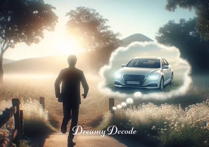 white car in dream meaning _ The same person now approaching the white car with a sense of purpose and determination. The surrounding meadow is bathed in soft sunlight, suggesting optimism and clarity as the person moves closer to the car, symbolizing taking control in a dream.