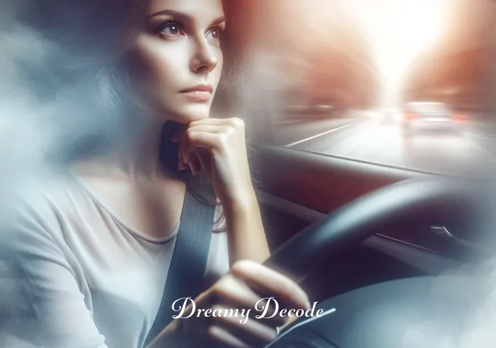 woman driving car in dream meaning _ A woman sits in a parked car, hands on the wheel, looking ahead with a thoughtful expression. The car is surrounded by a hazy, dreamlike mist, and the background is a blur, symbolizing the beginning of a journey or a decision-making moment in a dream.