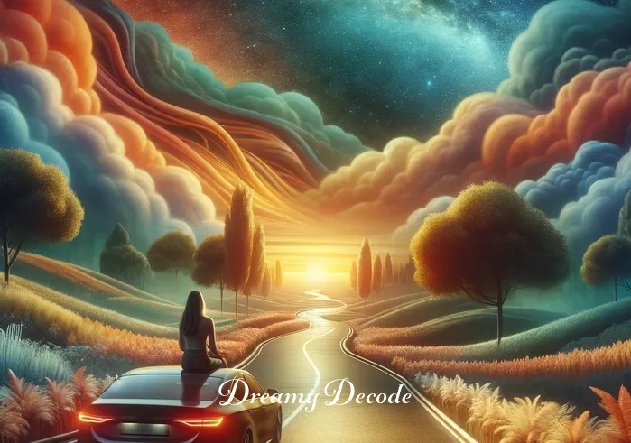 woman driving car in dream meaning _ The scene transitions to the woman driving the car along a winding road, flanked by beautiful, surreal landscapes. The sky is a mix of warm colors, suggesting a journey of self-discovery or personal growth in the dream.
