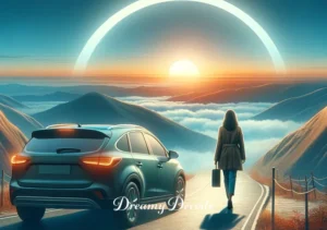 woman driving car in dream meaning _ The final image shows the car reaching the hill's summit, revealing a breathtaking view of the horizon. The woman steps out of the car, looking out at the view with a sense of accomplishment and freedom, symbolizing the achievement of goals or a new perspective gained in the dream.
