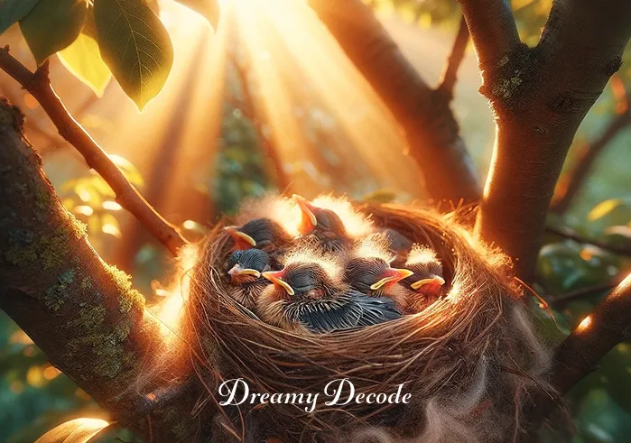 baby bird dream meaning _ A gentle scene of a cozy nest perched in a tree, with several small, fluffy baby birds nestled together. The early morning sun casts a warm, golden glow over them, creating a peaceful and serene atmosphere.