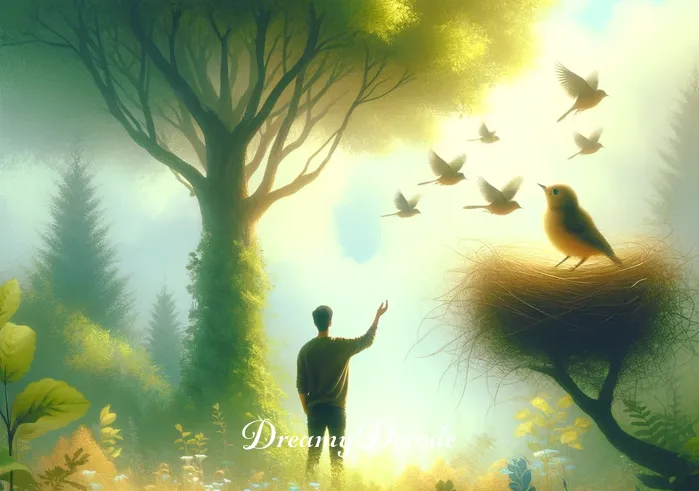baby bird dream meaning _ A dreamy image of a person standing in a lush garden, looking up at a tree where a nest of baby birds is chirping. The person has a look of wonder and curiosity, symbolizing discovery and new beginnings.