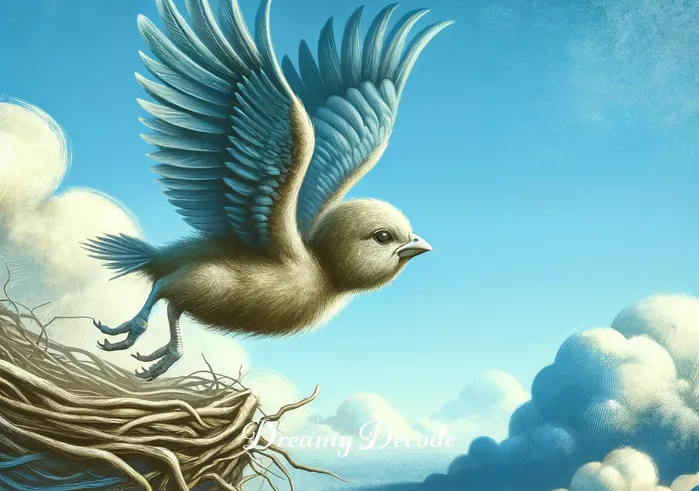 baby bird dream meaning _ An imaginative depiction of a baby bird taking its first tentative flight from the nest, with its wings spread wide. The background shows a clear blue sky and fluffy clouds, conveying a sense of freedom and potential.