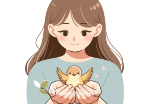 baby bird dream meaning _ A heartwarming scene where the person from the earlier image is gently holding a baby bird that has landed in their outstretched hands. The bird looks safe and the person is smiling softly, symbolizing care and nurturing.