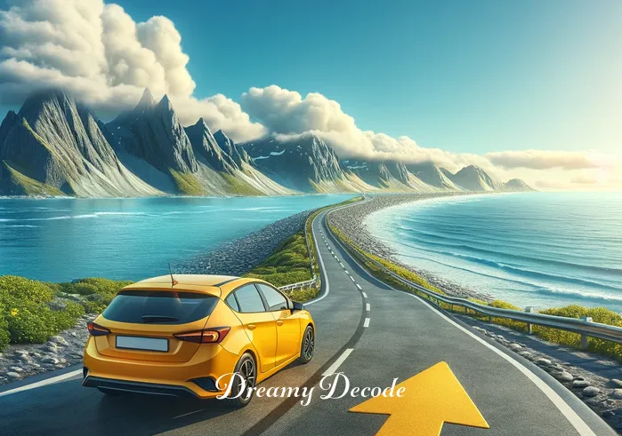 yellow car dream meaning _ The same yellow car driving along a picturesque coastal road, with clear blue skies and the ocean in the background. This represents progress and the pursuit of goals in the dreamer
