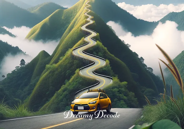 yellow car dream meaning _ The yellow car now ascends a steep, winding mountain road, surrounded by lush greenery and occasional patches of mist. This scene signifies overcoming challenges and obstacles in the path towards achieving one